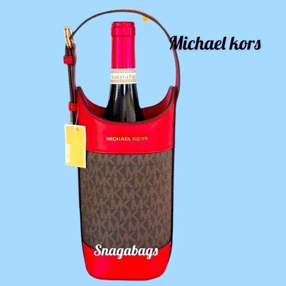 MICHAEL KORS NWT WINE BOTTLE HOLDER FLAME RED LEATHER GIFT IDEA PICNICS - Picture 1 of 6